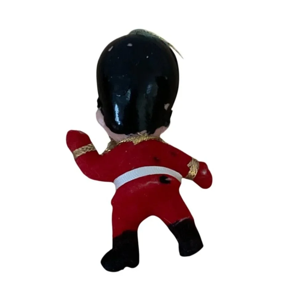 Vtg British Royal Guard Soldier Toy Soldier Doll Ornament Flocked Plastic 4 Inch